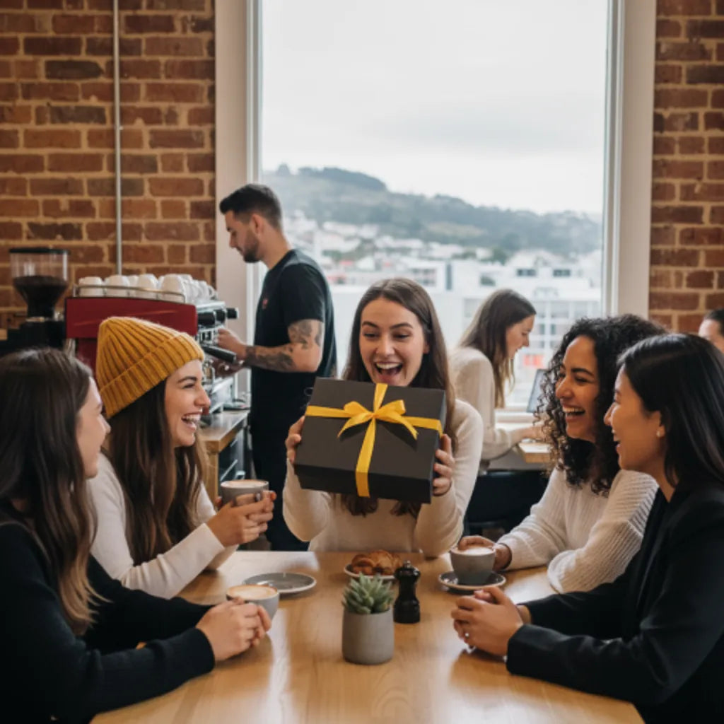 Women receiving a BuzzBox gift basket from friends in a Wellington cafe.