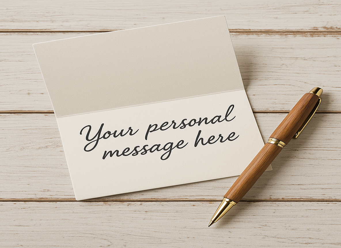 Handwritten gift card add-on with blank message card and matching envelope, styled for BuzzBox Wellington gift boxes.