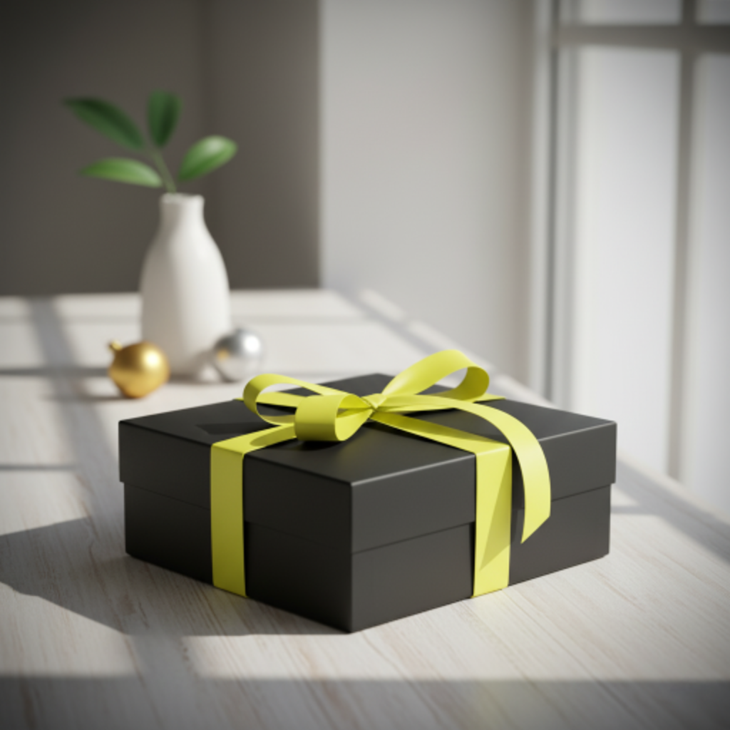 Black BuzzBox gift box with a bright yellow ribbon sitting on a sunlit table, styled with soft shadows and minimal décor for a premium Wellington gifting look.