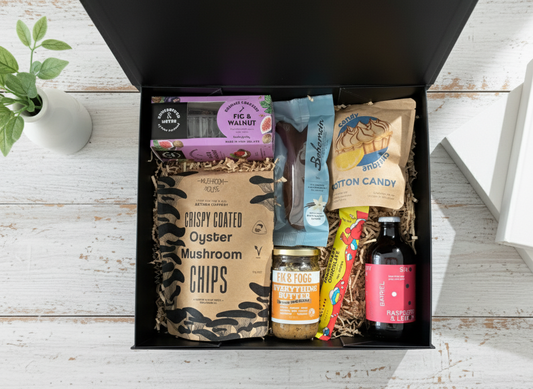 Open BuzzBox Classic gift box photographed from above, showcasing Wellington-made treats including mushroom chips, crackers, chocolate, soda, and Fix & Fogg Everything Butter arranged neatly in a black gift box with kraft filling.