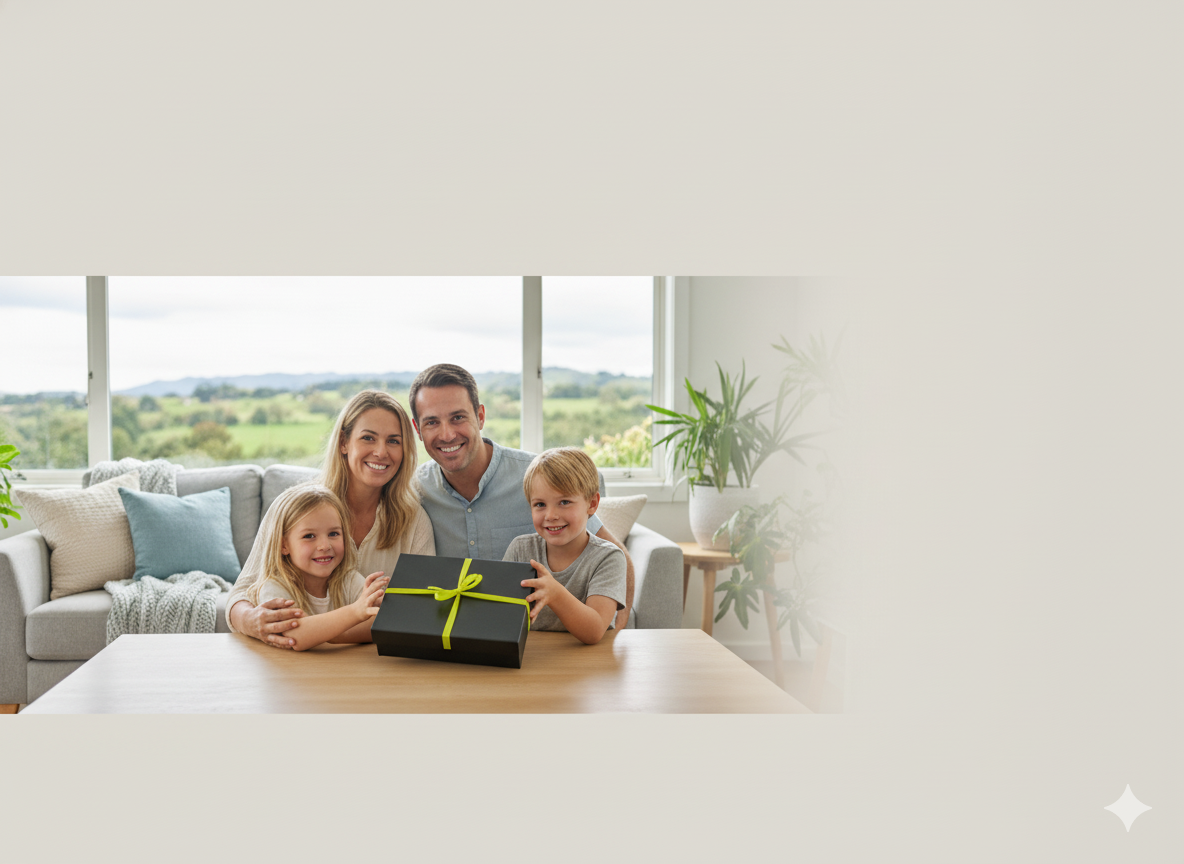 Family in a bright New Zealand home smiling around a BuzzBox gift box on the table, with spacious neutral background for hero banner use.