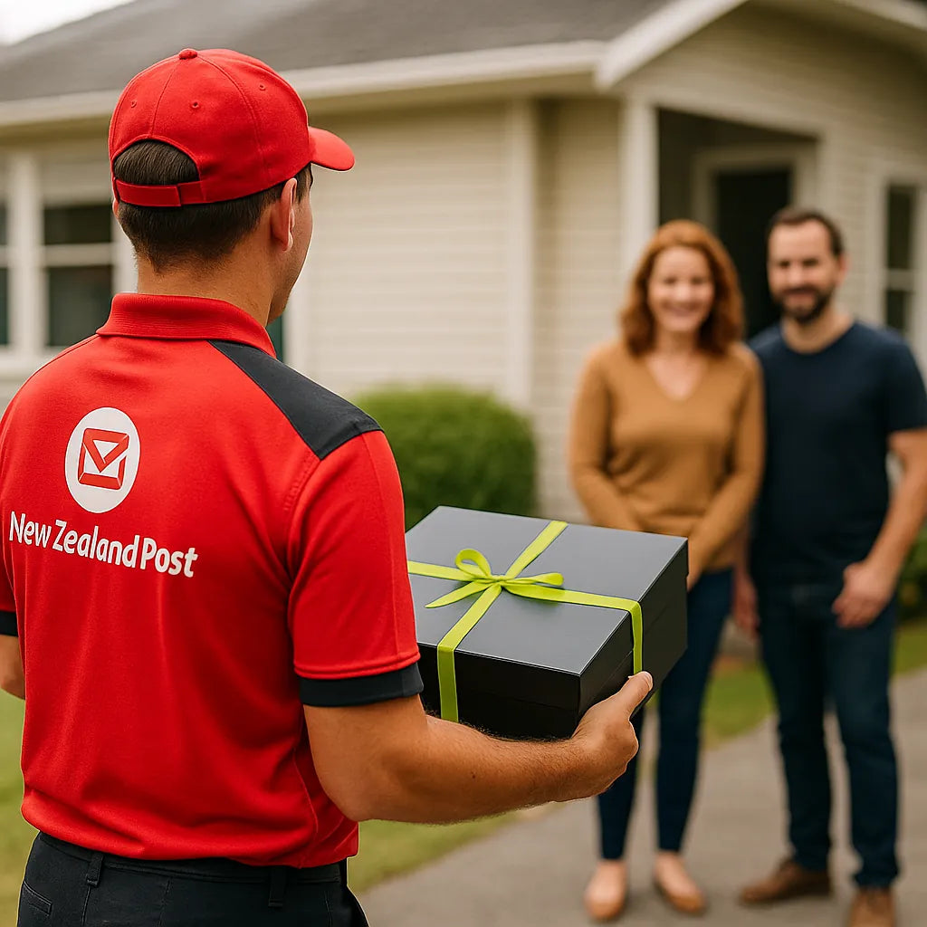 Couple receiving their BuzzBox from NZ Post courier