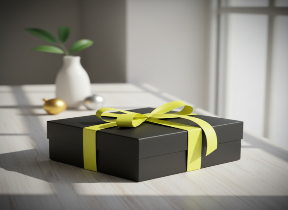 Black BuzzBox gift box with a bright yellow ribbon on a sunlit wooden table, styled with soft shadows and minimal décor for a premium Wellington gifting experience.
