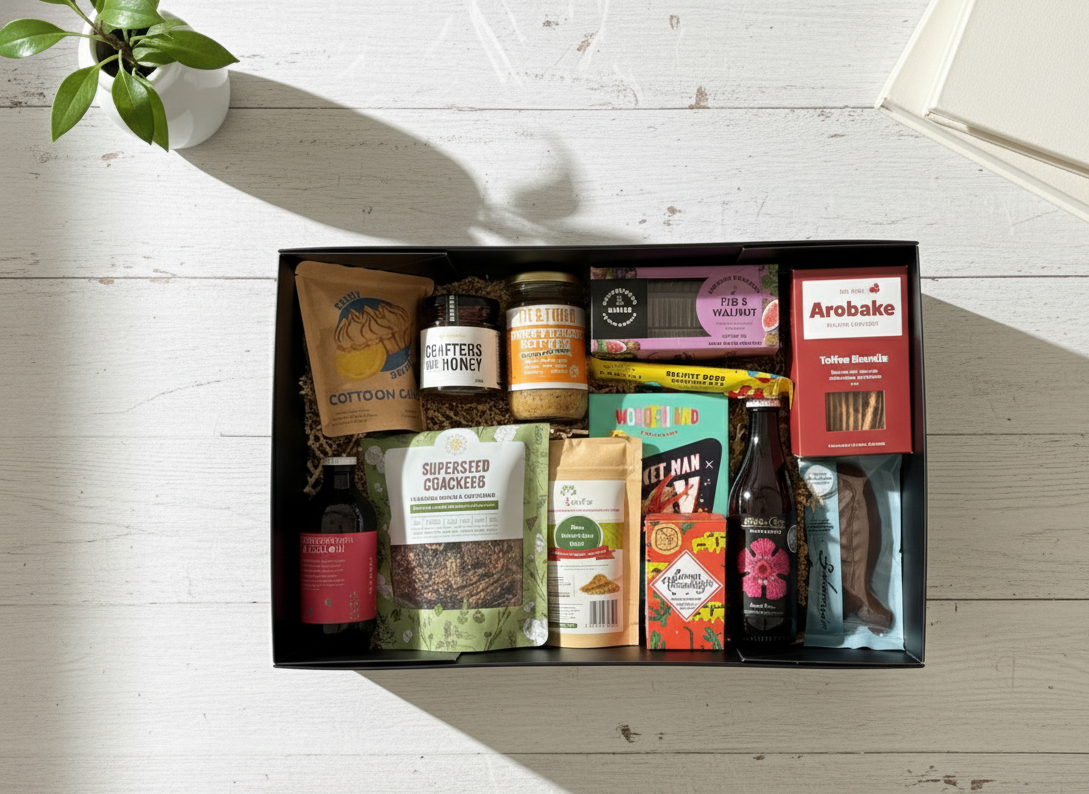 Top-view photo of the BuzzBox Wellington premium gift box filled with curated New Zealand artisan products, including snacks, honey, treats, and drinks, displayed in a black gift box on a light wooden table.